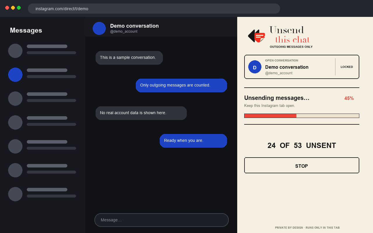 A synthetic Instagram conversation beside the extension's unsending progress view